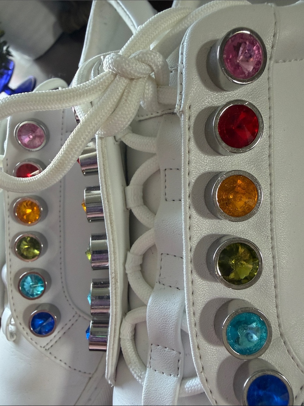 Kurt Geiger White Leather Sneakers with Multicolor Jewel Accents - Picture 2 of 6